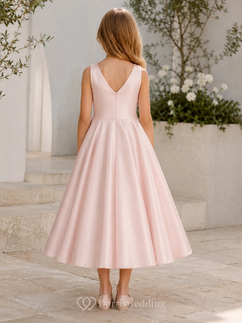 Flower Girl Dress Ivory Satin A-Line Square Neck Tea Length Bow Detail view 2