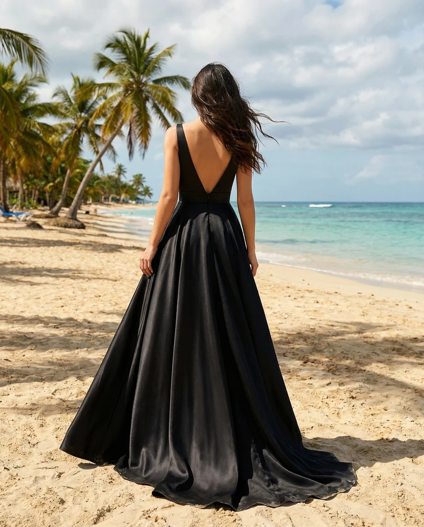 Robe de soirée noire en satin, coupe trapèze, décolleté en V plongeant et traîne. view 2