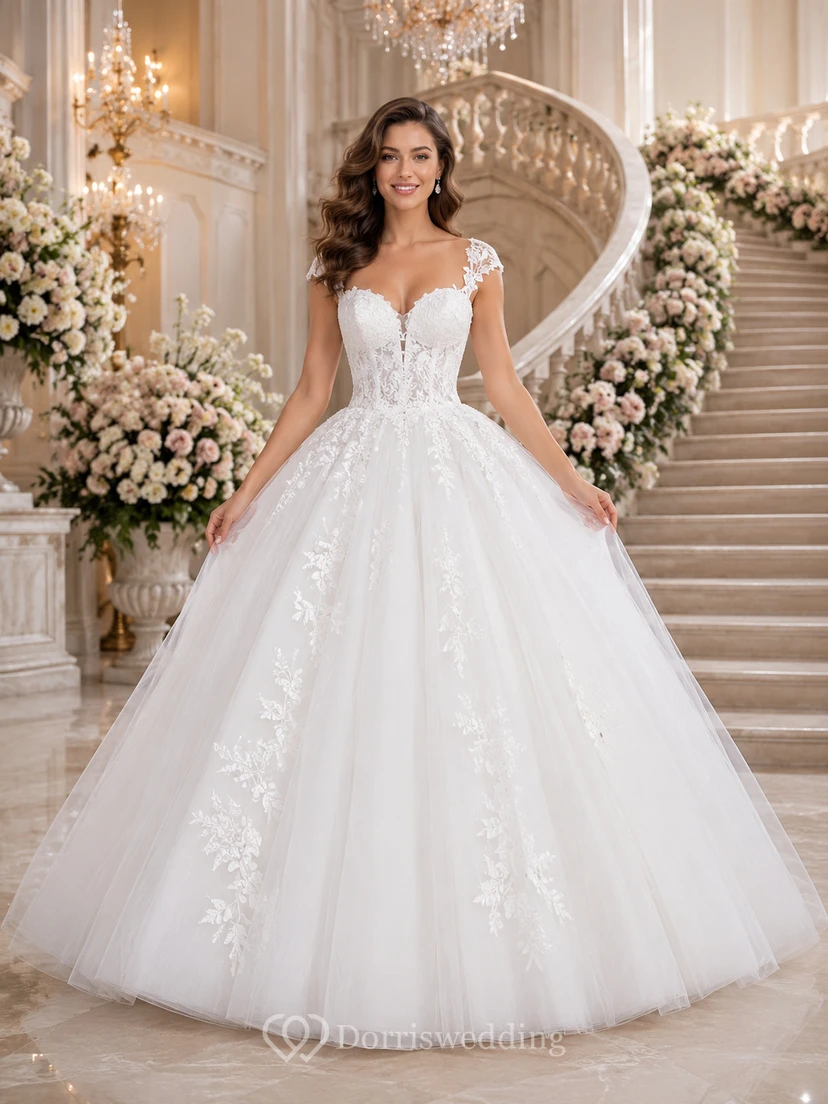Brautkleid mit kurzen Ärmeln, floralen Applikationen und Tüll-Ballkleid