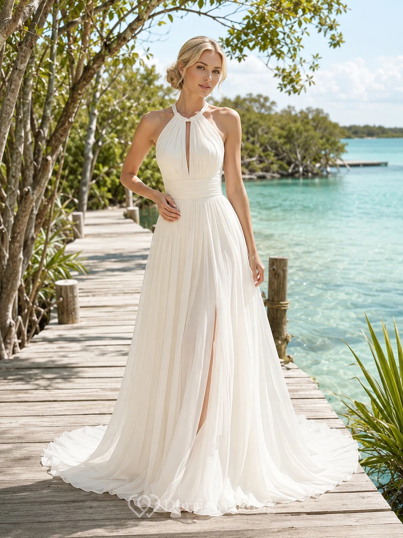 Robe de mariée lagon en mousseline de soie à col montant fendu et dos nu, coupe trapèze, fendue, couleur lagon