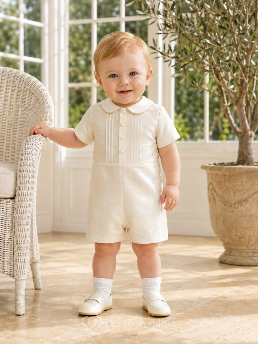 Ivory Pintuck Peter Collar Short Sleeve Baby Blessing Romper for Baby Boy