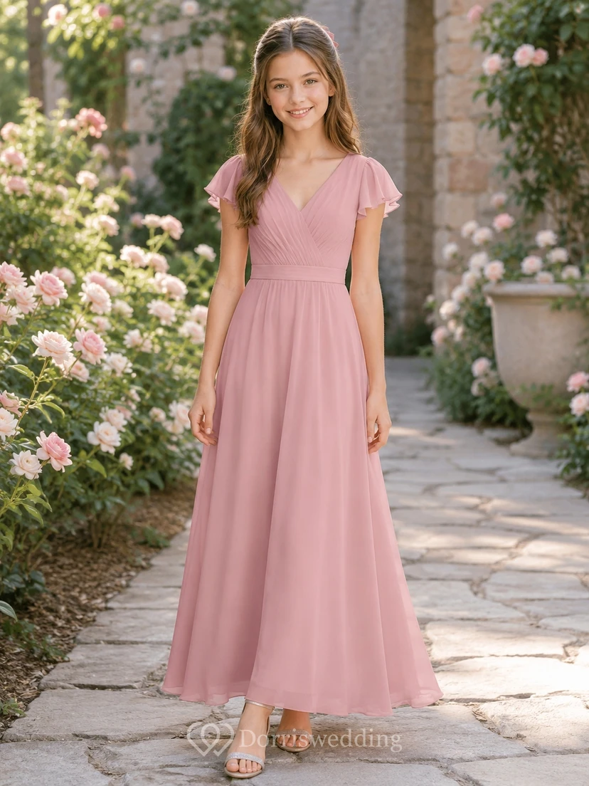 Elegantes Brautjungfernkleid in Altrosa, A-Linie, V-Ausschnitt, kurze Ärmel