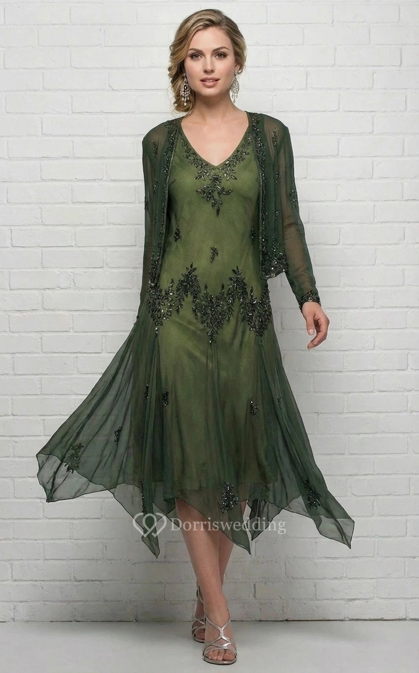 Forest Green Beaded Vintage-Style Cocktail Dress with Sheer Jacket