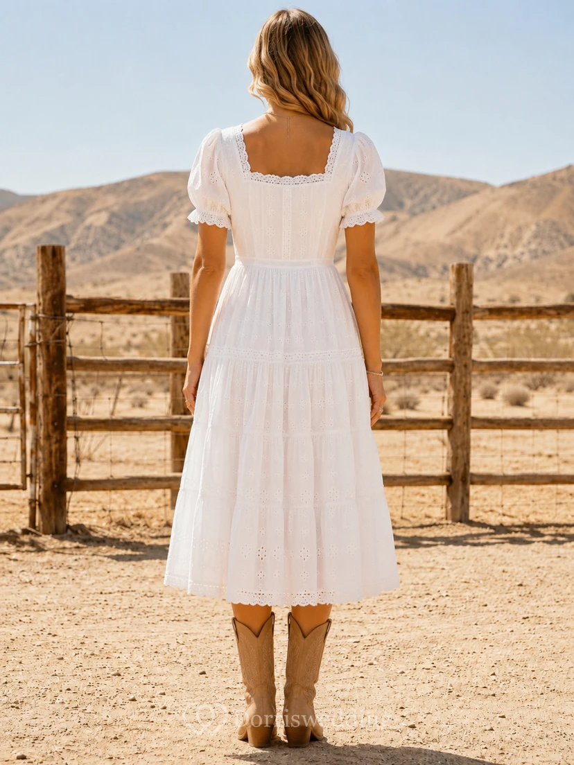 Prairie Ease White A-Line Tea-Length Square Short-Sleeve Chiffon Casual Guest Dress view 2