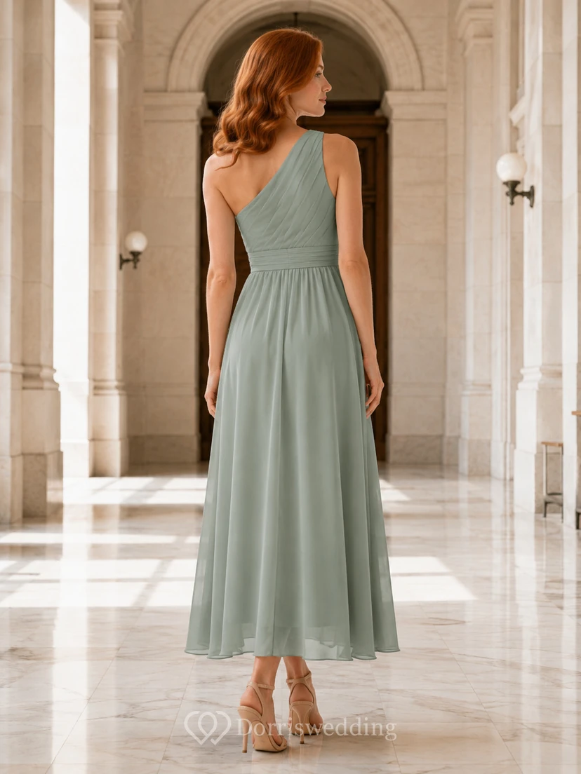 Courthouse Cocktail Sage Elegant Casual A-Line Chiffon Bridesmaid Dress with One-Shoulder Sleeveless Tea-Length Pleated Open Back view 2