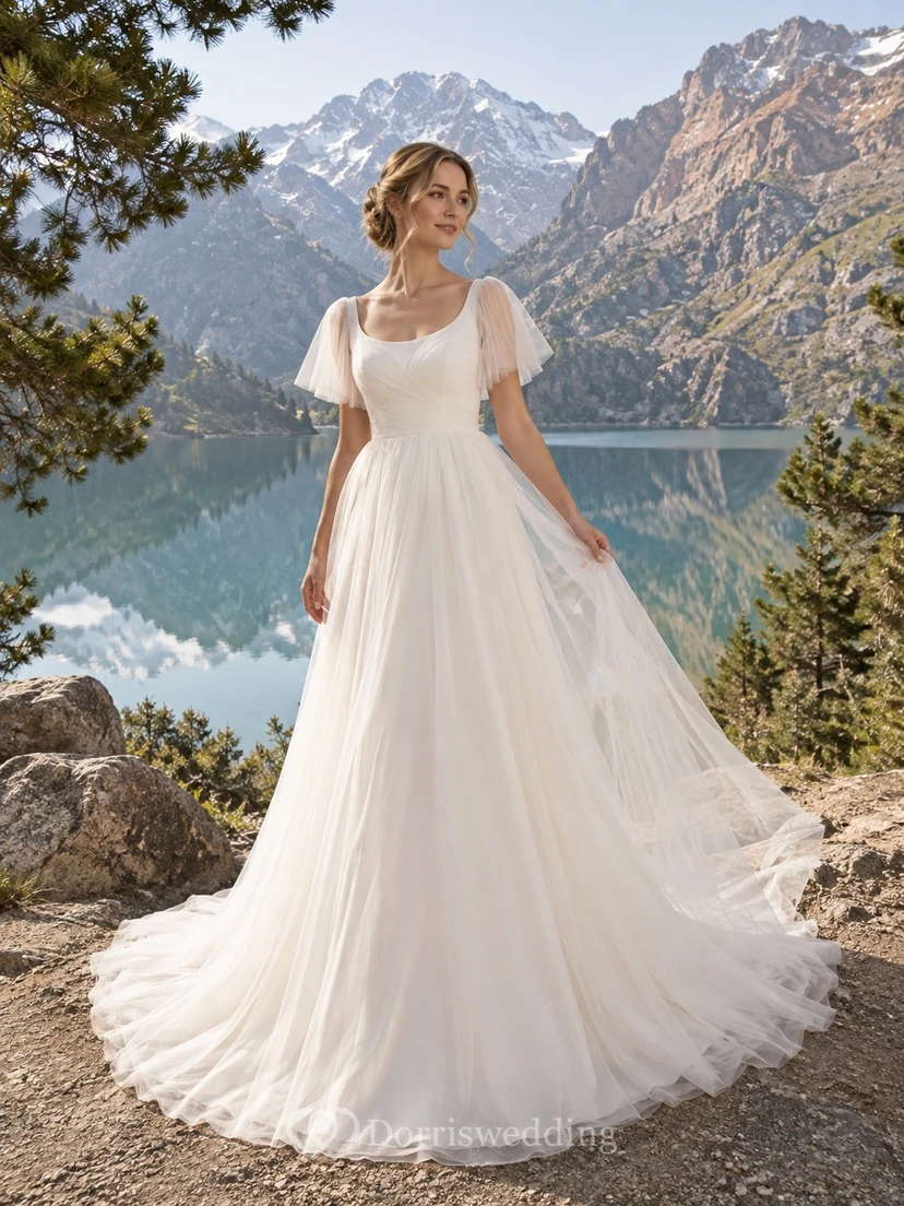 Vestido de novia sencillo de tul con escote redondo y mangas cortas, corte en A