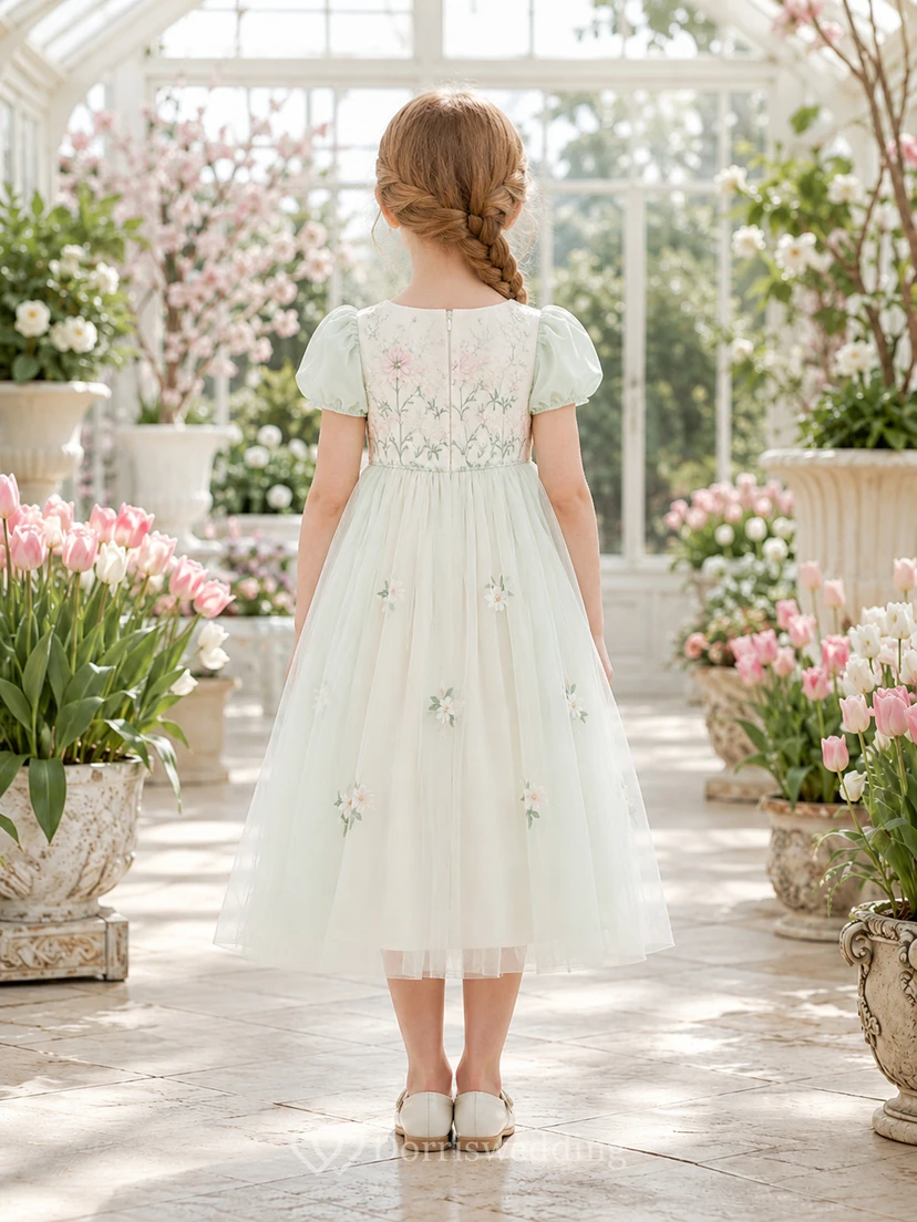 Blumenmädchenkleid, mintgrün, aus Spitze und Tüll, A-Linie, kurze Ärmel, Rundhalsausschnitt, Teelänge, florale Applikationen view 2