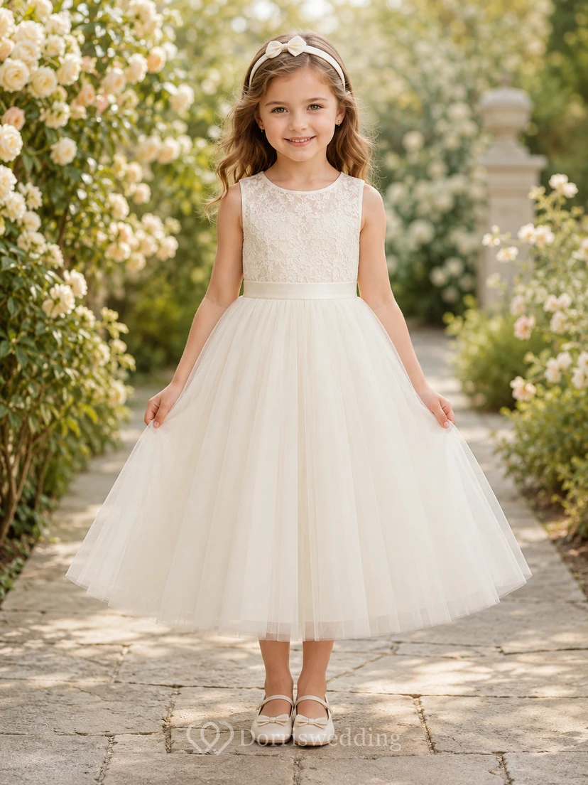 Ärmelloses Blumenmädchenkleid aus Spitze und Tüll