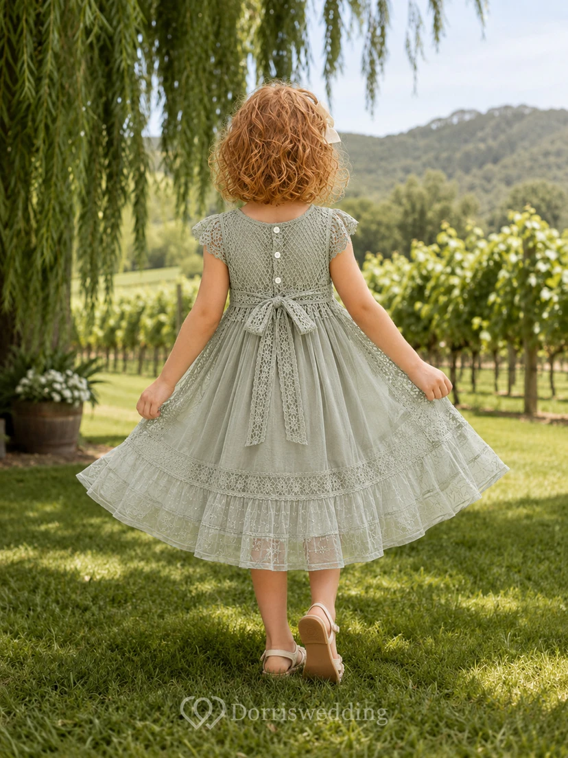 A-Line Flowergirl Crochet Lace Chiffon Tea-Length Flutter Sleeve Bohemian Wedding Dress with Tiered Skirt view 2