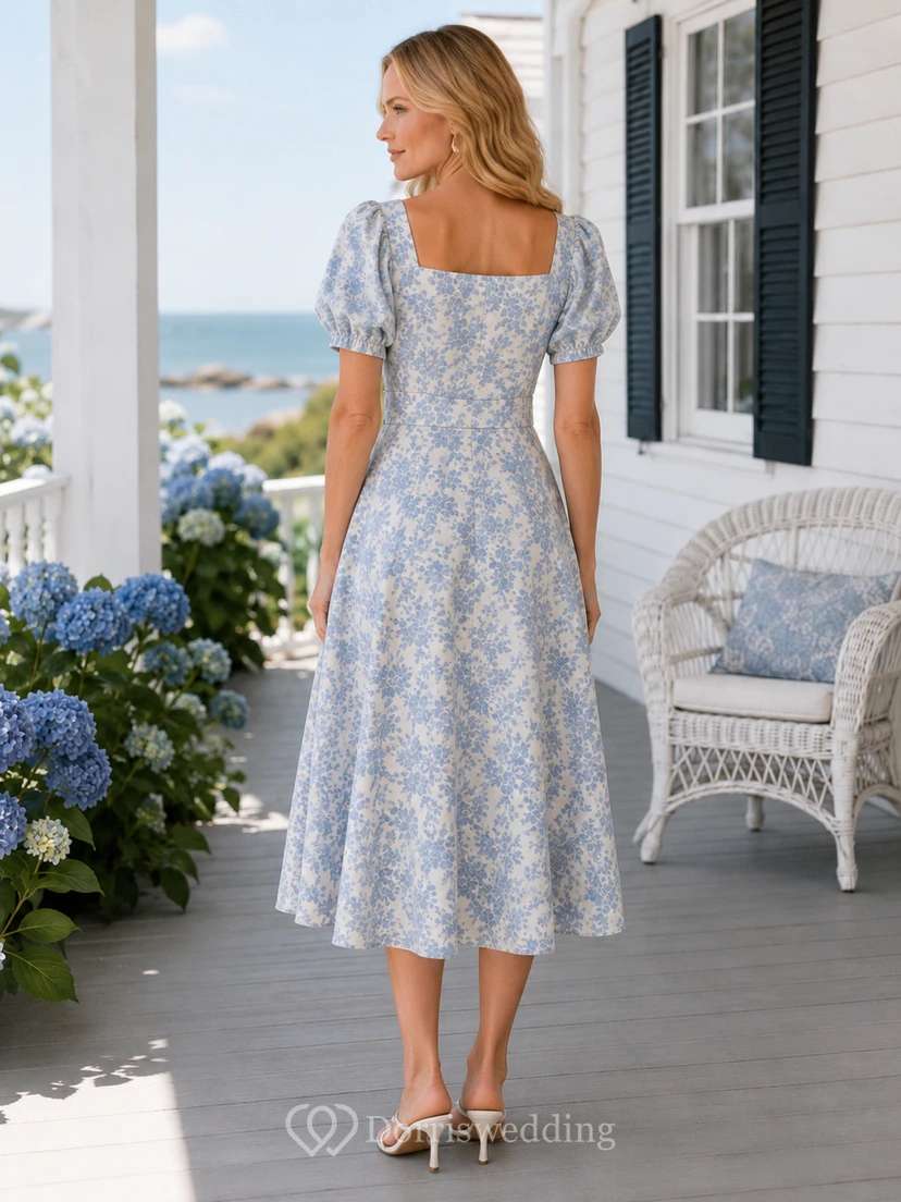Vestido de lino azul con cuello cuadrado, mangas abullonadas y corte en A, ideal para invitadas a tomar el té. view 2
