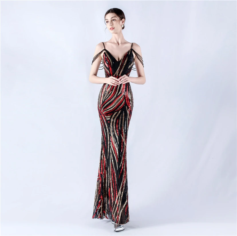 Sequined Striped Color Matching Slim Dinner Host Suspender Long Dress For Women view 11