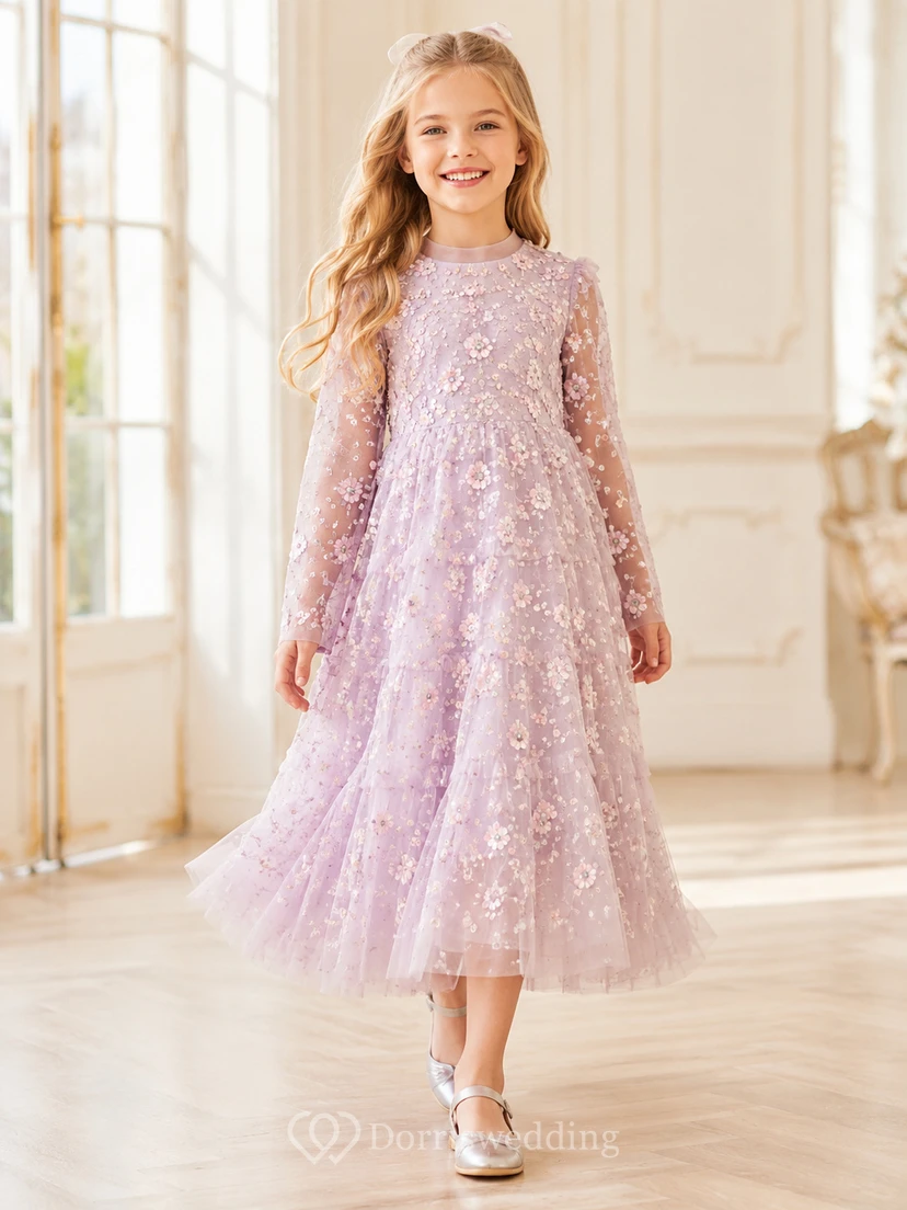 Blumenmädchenkleid aus lavendelfarbener Spitze und Tüll, A-Linie, lange Ärmel, Rundhalsausschnitt, Teelänge