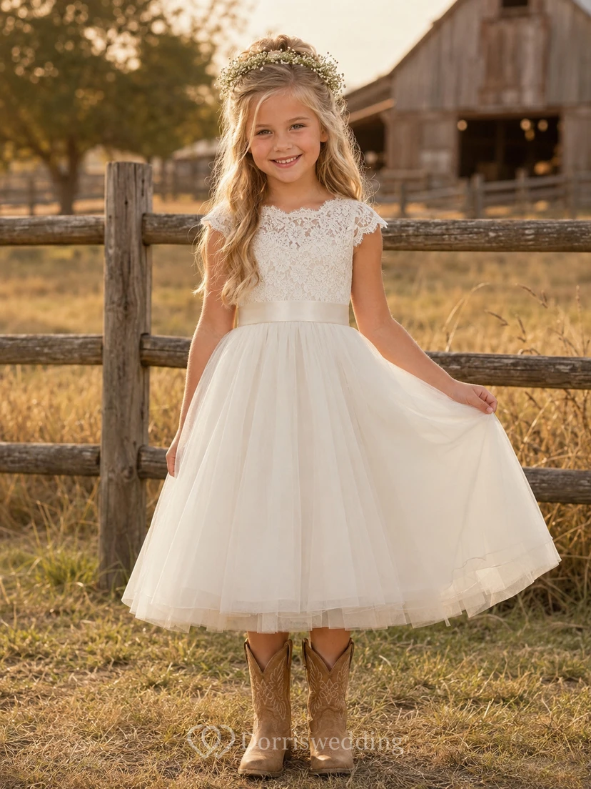 A-Line Flowergirl Lace Tulle Tea-Length Cap Sleeve Ranch Wedding Dress