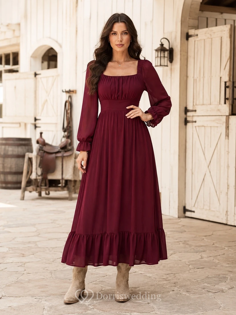 Romantic Burgundy Chiffon A-Line Ankle-Length Square Neck Long Sleeve Country Dress