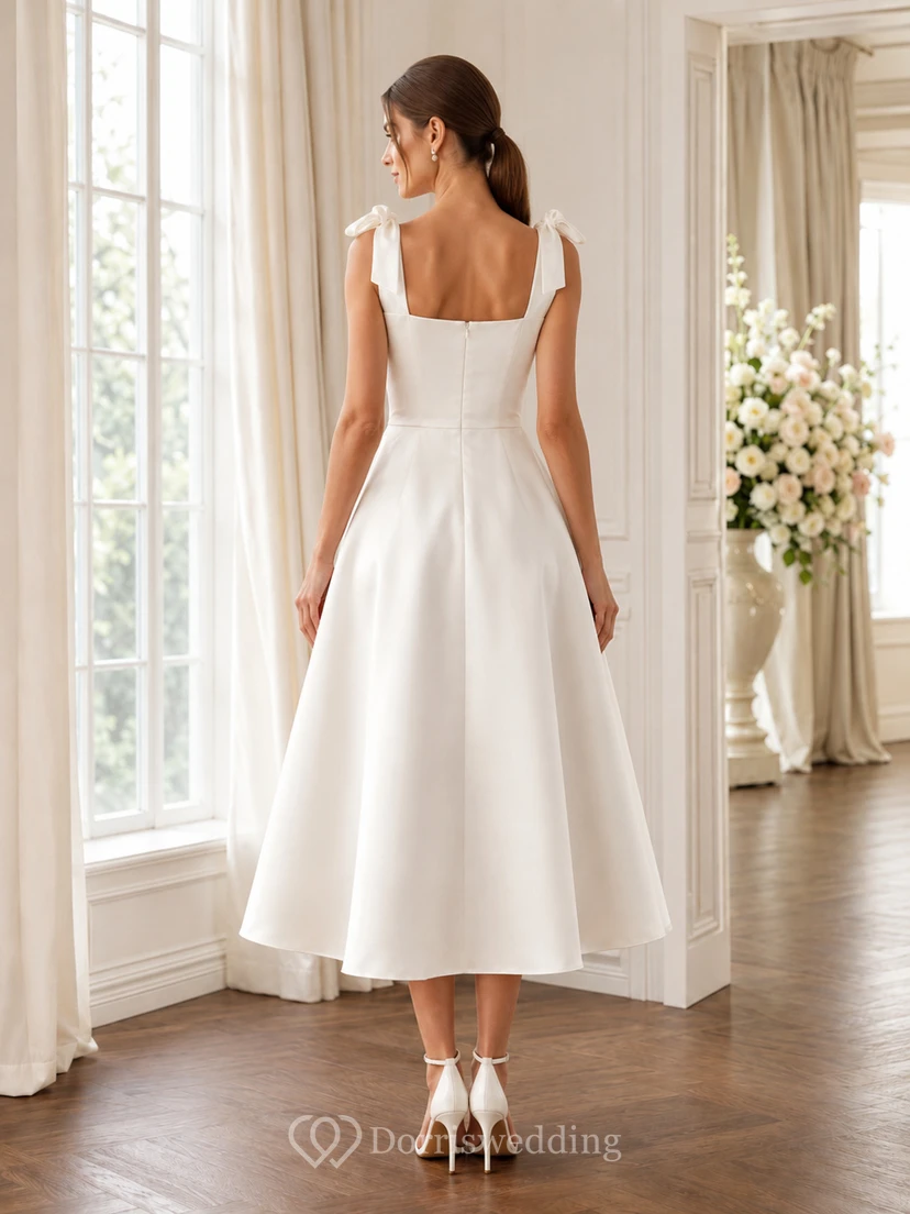 Modern Square Neck Satin Bridal Shower A Line Tea Length Bow Straps view 2