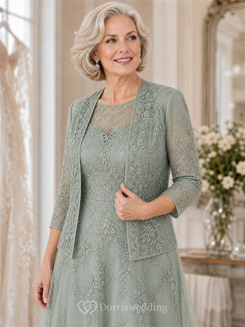 Sage Green Lace Applique Tea-Length Mother of the Bride Dress with Jacket view 7
