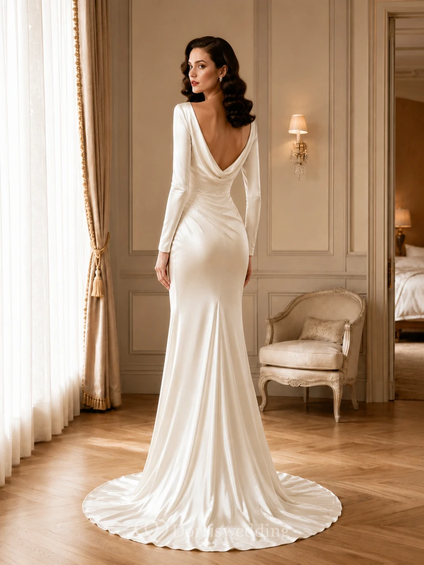 Vintage Elegant Cowl Neck Long Sleeve Satin Sheath Court Train Wedding Dress view 2