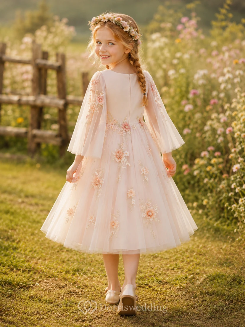 Champagne Floral Flower Girl Gown with Long Petal Drape Sleeves, Applique Tulle A-Line, Natural Waist, and Floor-Length Skirt view 2