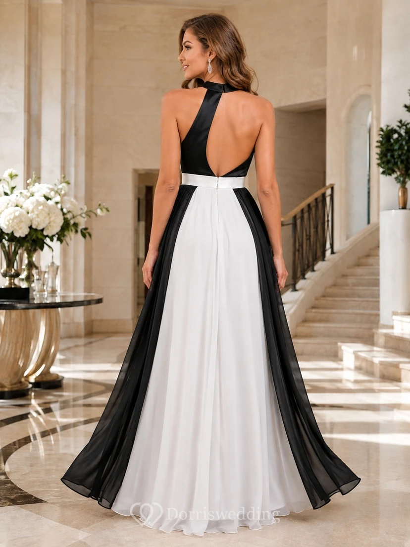 Vestido de noche formal largo hasta el suelo, negro y blanco, con escote halter. view 2
