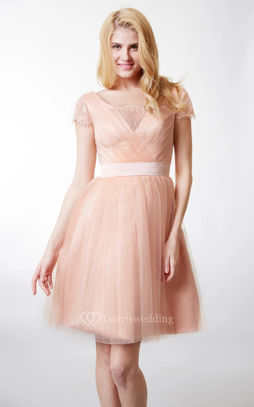 Lace Short Sleeve Pleated Tulle Dress With Satin Belt view 5