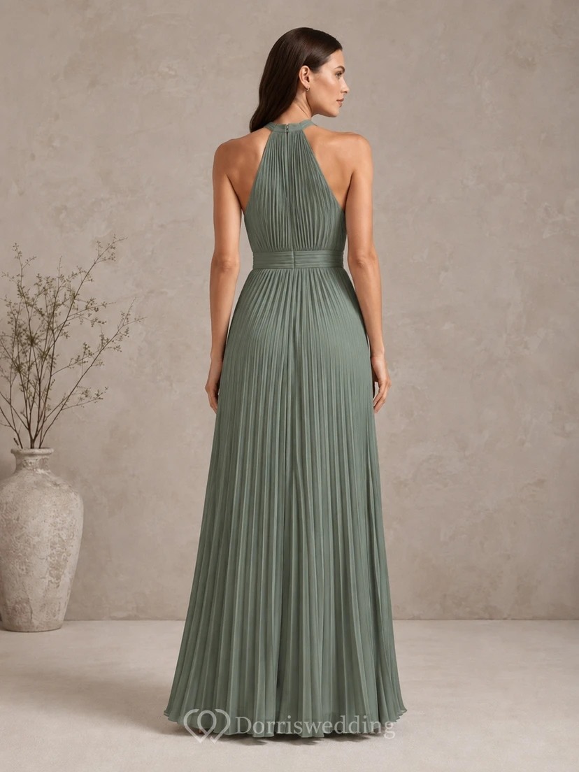 Dusty Green Chiffon Halter Pleated A-line Floor-length Dress view 2