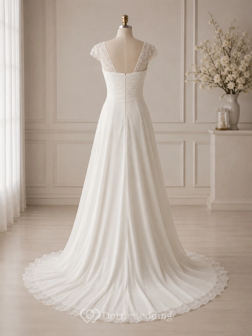 V-neck Cap Empire Chiffon Ruched Draped Wedding Dress with Tiers view 8