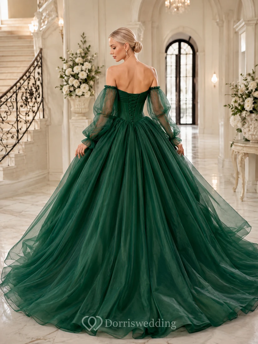 Robe de mariée en satin vert foncé à épaules dénudées et manches bouffantes, corset et robe de bal view 2