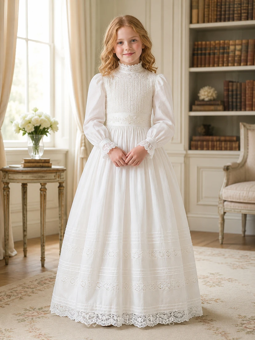 Hochgeschlossenes, mit Bischofsärmeln und Abnähern versehenes Edwardianisches Kommunionskleid in A-Linie