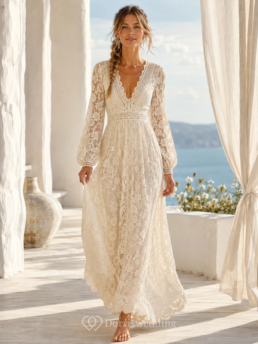Robe de mariée bohème romantique en dentelle, col V, manches longues, coupe trapèze, longueur cheville, idéale pour un mariage à destination.
