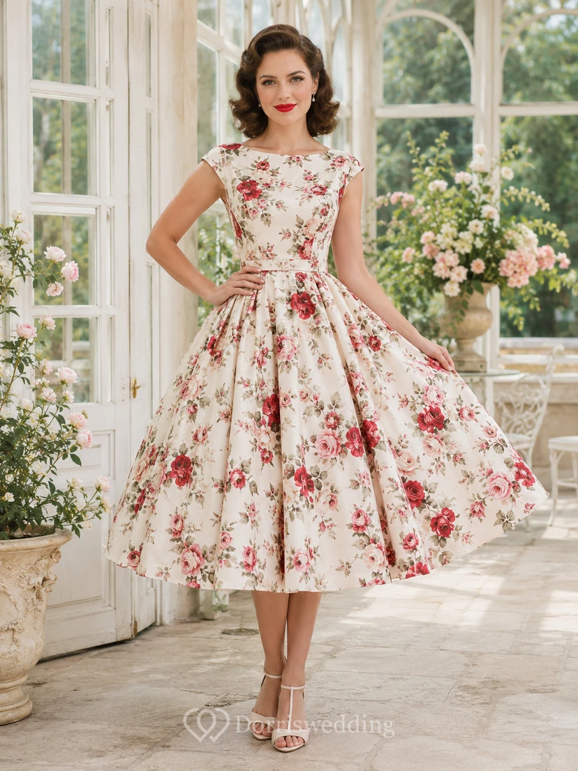 Fifties Floral Cap Sleeve Swing Retro Cocktail Occasion Dress