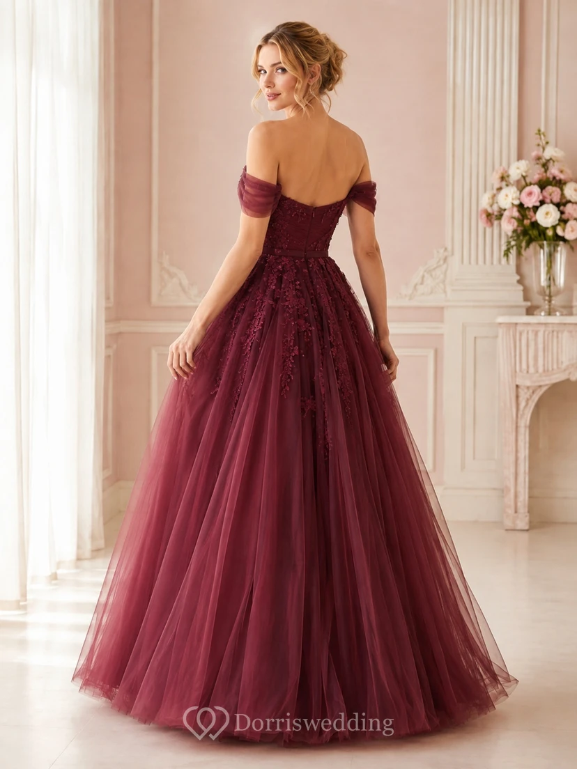 Burgundy Off-Shoulder Lace Applique Tulle Ball Gown Floor-Length Romantic Dress view 2