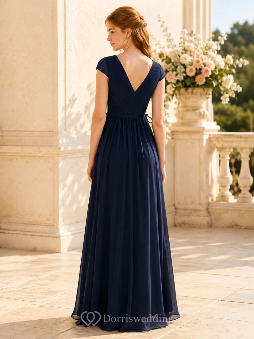Dark Navy Junior Bridesmaid Dress A-Line V-neck Short Sleeve Cap Chiffon Waist Sash Elegant view 2