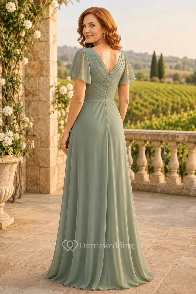 Robe mère en mousseline de soie couleur sauge, col en V, coupe trapèze, manches papillon view 2