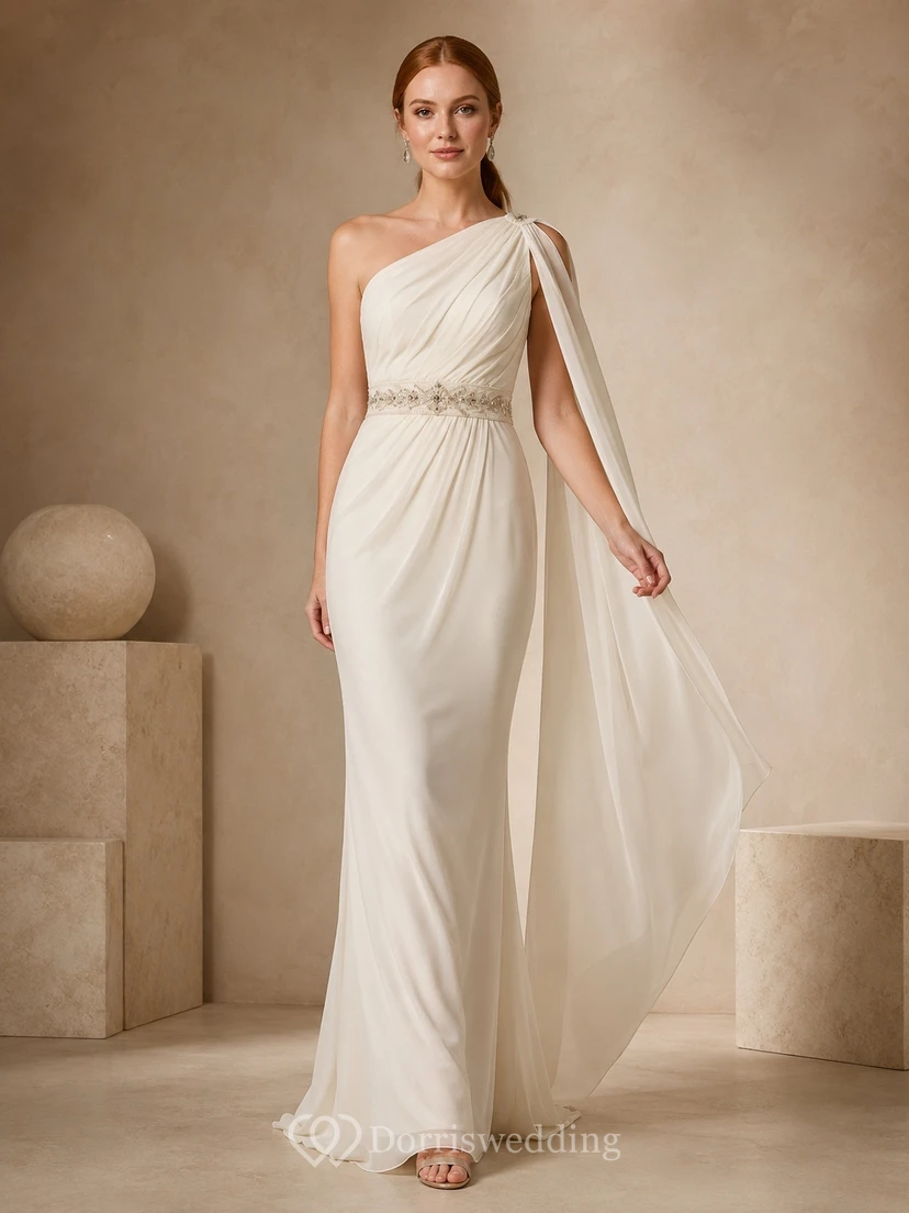Brautkleid mit einseitiger Schulter, ärmellos, aus Chiffon, bodenlang, mit Cape