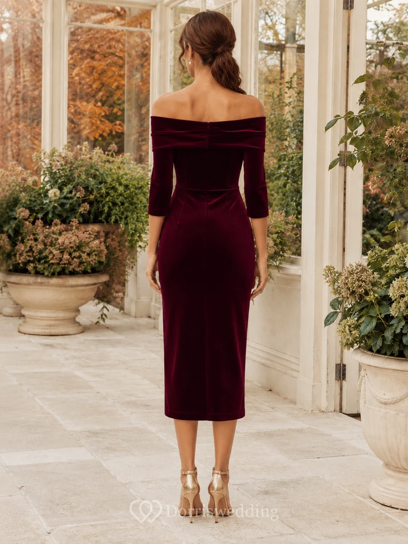 Burgunderfarbenes Samtkleid mit schulterfreiem Ausschnitt und Dreiviertelärmeln, Midi-Länge view 2