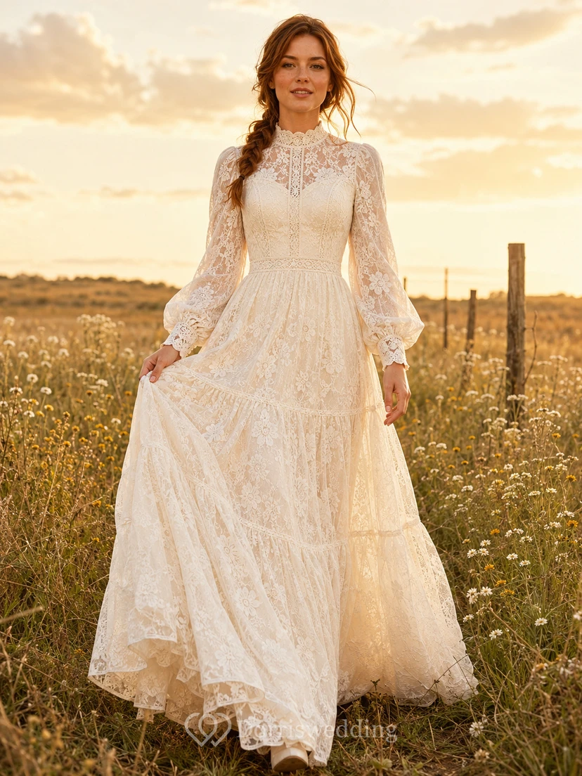 Vestido de novia bohemio de manga larga con encaje y volantes
