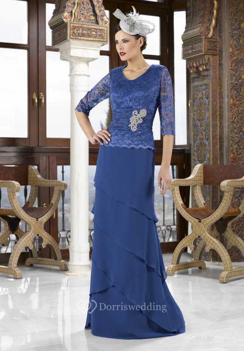 Half Sleeve Lace V-Neck Chiffon Mother Of The Bride Dress With Tiers