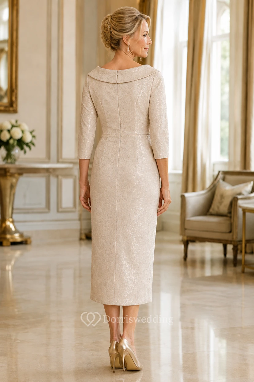 Robe de mariée fourreau en dentelle champagne, manches 3/4, col bénitier, longueur genou view 2