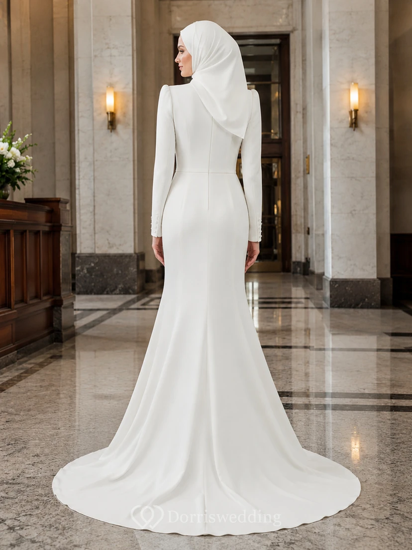 Standesamtliches muslimisches minimalistisches langärmeliges Meerjungfrauen-Hochzeitskleid view 2