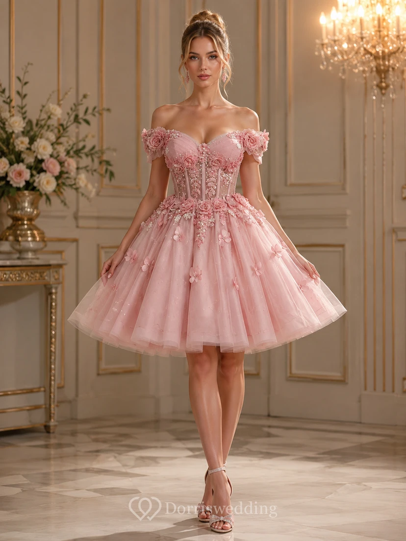 Pink Off-Shoulder Floral Sequined Mini Dress
