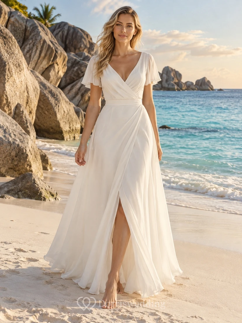 Vestido de novia sencillo de gasa con escote en V, manga corta, corte en A y abertura lateral.