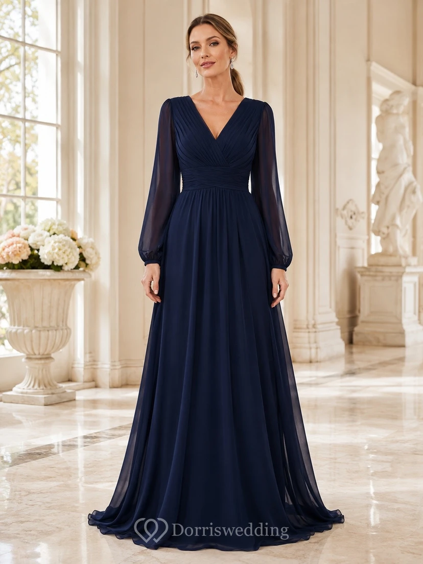 Modest Dark Navy V-neck Long Sleeve A-line Chiffon Evening Dress