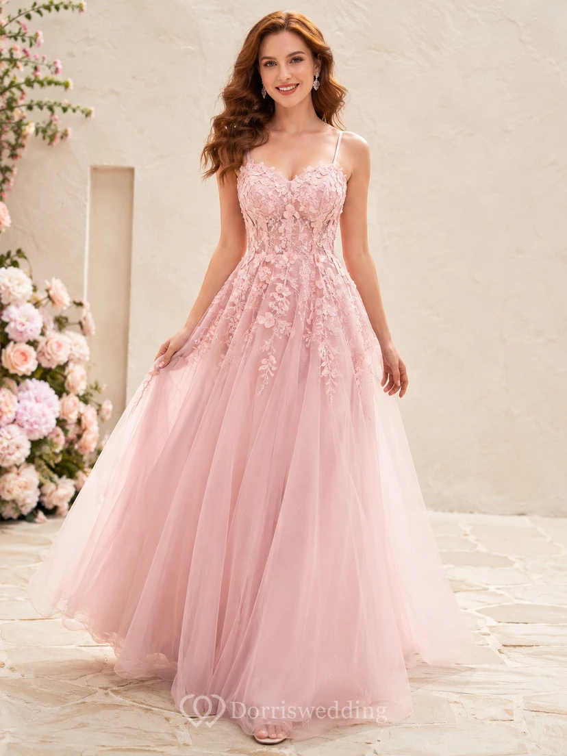 Petal Fantasy Blush A-Linien-Abendkleid mit V-Ausschnitt, ärmellos, romantisch, aus Tüll