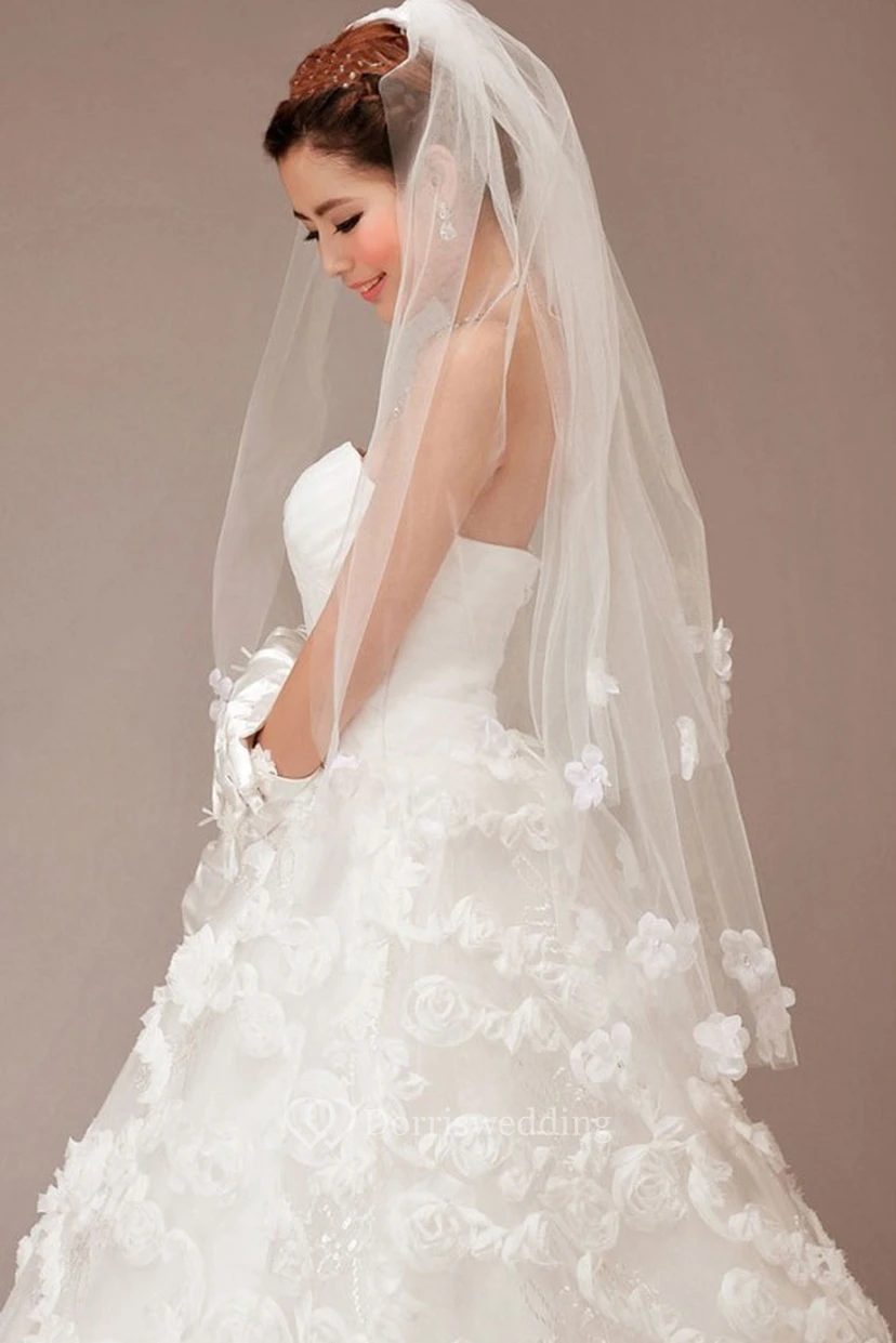 Double Layer Tulle Wedding Veil with Flower Appliques