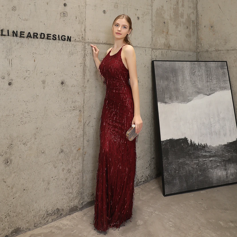 Vestido de noche elegante con borla de hilo de seda de poliéster y lentejuelas estilo cola de pez para banquetes, reuniones y eventos. Ideal para anfitriones. Modelo de coche. Otoño. view 43