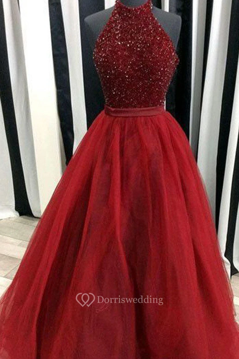 A-Linien-Ballkleid aus Tüll, Pailletten, Neckholder, ärmellos, mit Reißverschluss