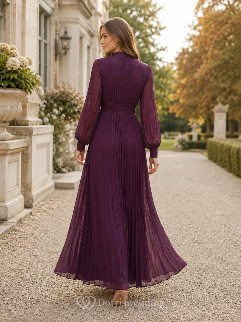 Plum High Neck Poet Sleeve Pleated Chiffon Floor Guest Dress view 2