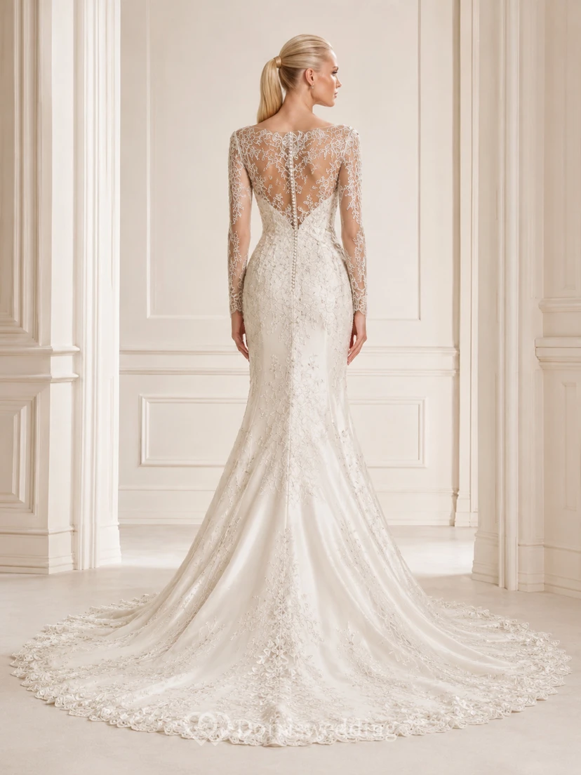 Romantisches, bodenlanges Brautkleid aus Spitze mit U-Boot-Ausschnitt, Meerjungfrauen-Schnitt, Kapellenapplikationen und elegantem Knopfverschluss am Rücken view 2