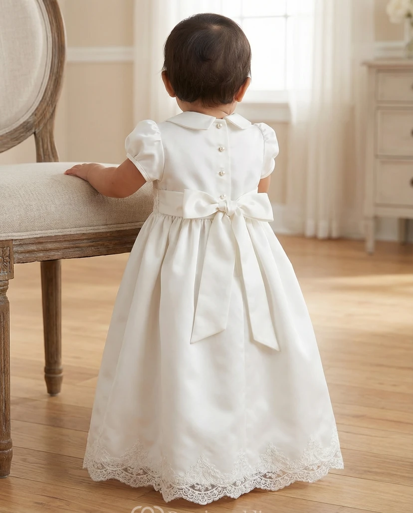 Vestido de bautizo blanco de satén para niña con mangas abullonadas y ribete de encaje. view 2