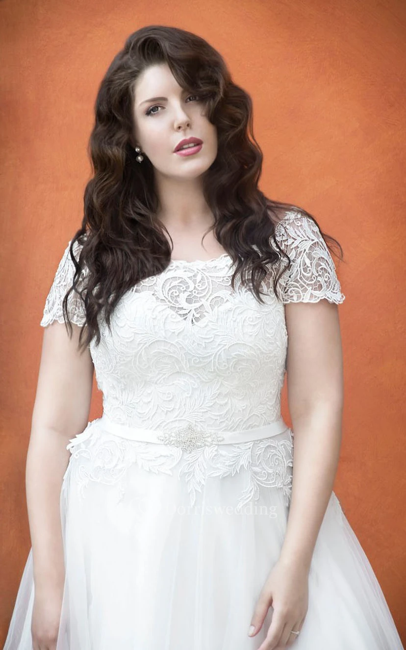A-Line Floor-Length Scoop Neck Short Sleeve Tulle Appliques Dress view 2